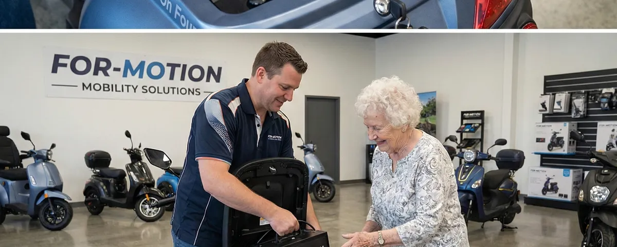 Close-up van een moderne scootmobiel accu met oplaadkabel en digitale statusindicatie.